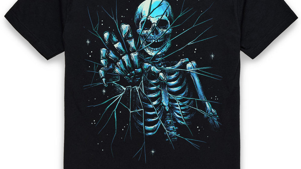INTO THE AM Death Reach skull graphic tee in black, hand-drawn skull illustration