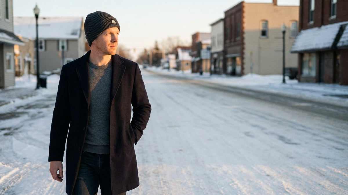 Man in a charcoal waffle knit beanie on a snowy street at dusk