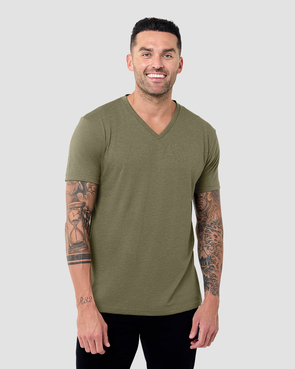 V-Neck Tee - Non-Branded-Olive Green-Reg-Regular-Front--Model---L