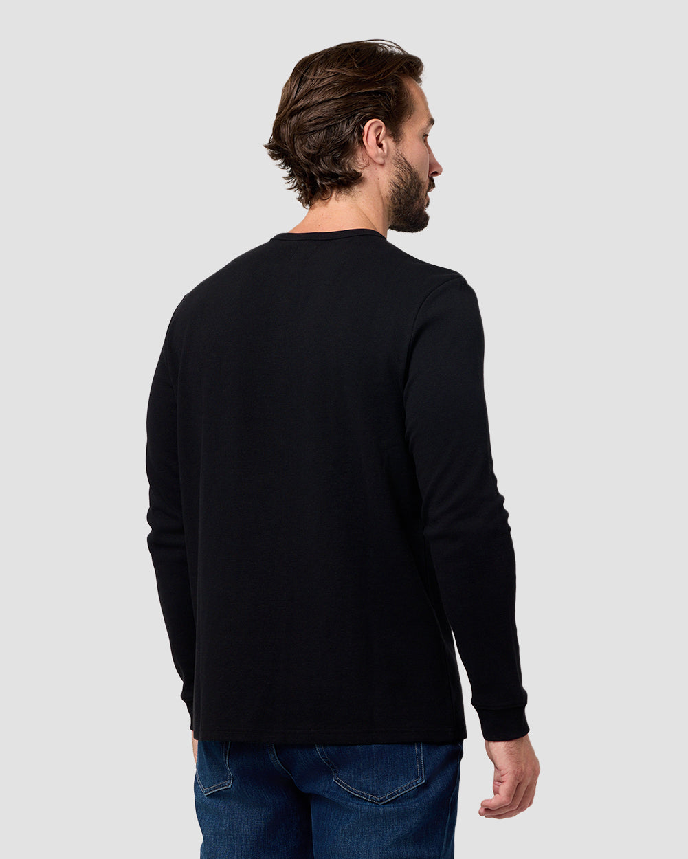 Long Sleeve Waffle Knit Henley-Black-Regular-Back--Model---L