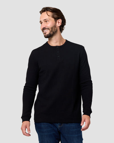 Long Sleeve Waffle Knit Henley-Black-Regular-Front--Model---L