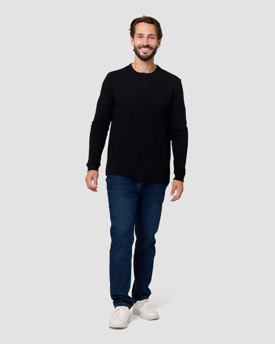 Long Sleeve Waffle Knit Henley-Black-Regular-Full--Model---L
