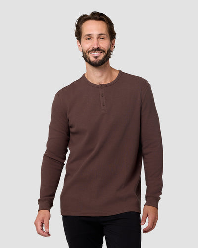 Long Sleeve Waffle Knit Henley-Brown-Regular-Front--Model---L