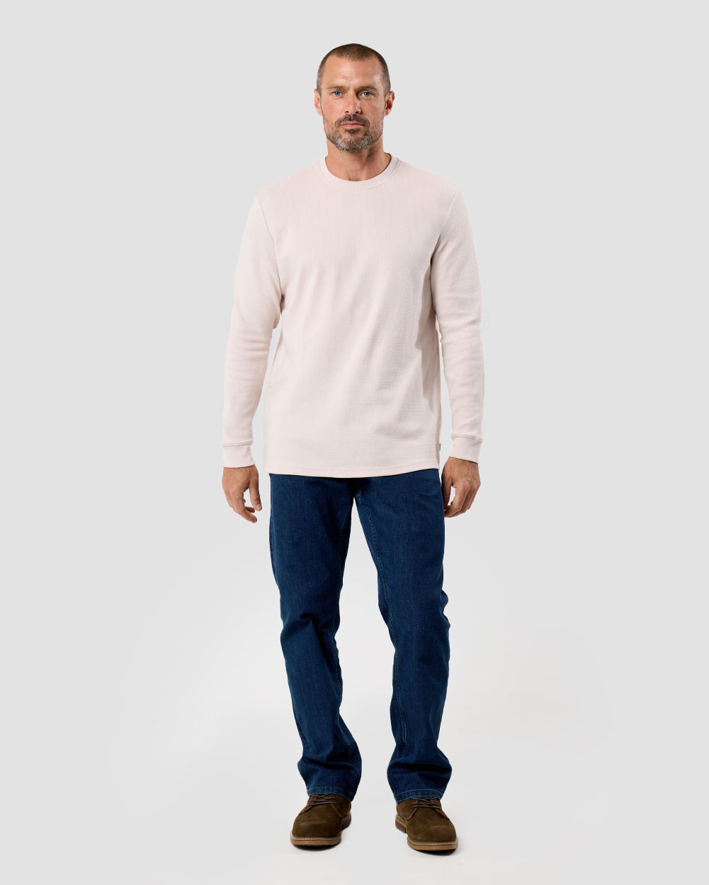 Long Sleeve Waffle Knit Crew - Non-Branded-Beige-Regular-Full--Model---L