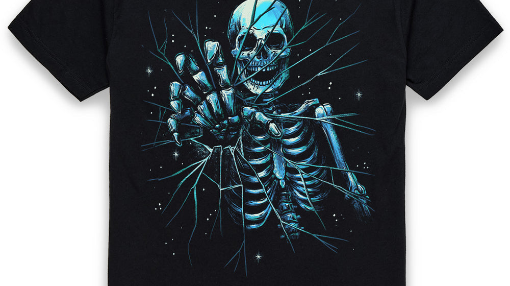 INTO THE AM Death Reach skull graphic tee in black, hand-drawn skull illustration