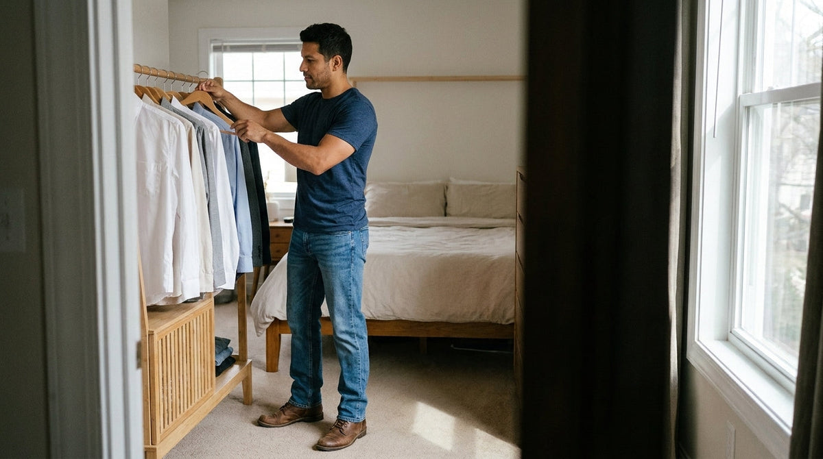 Man in a plain navy tee hanging shirts on an open clothes rail