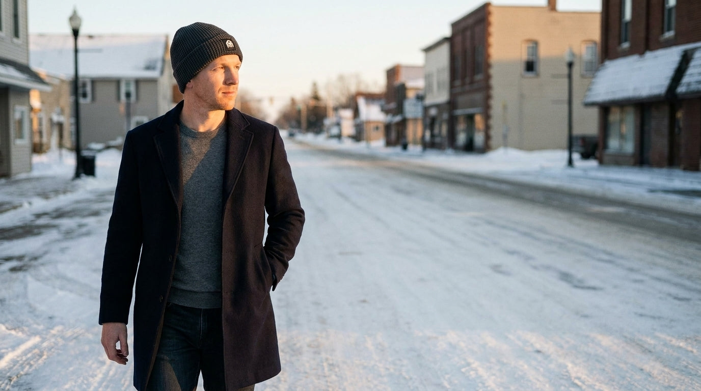 Man in a charcoal waffle knit beanie on a snowy street at dusk