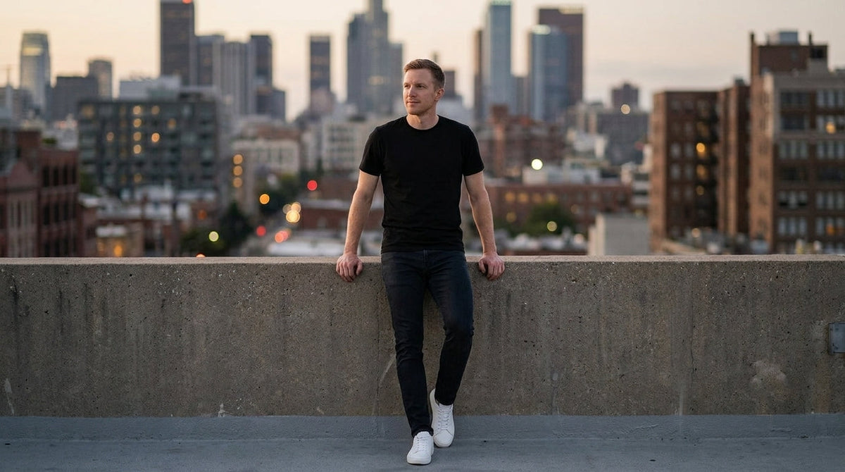 Man in a black crew neck tee leaning on a rooftop ledge with the city skyline at dusk