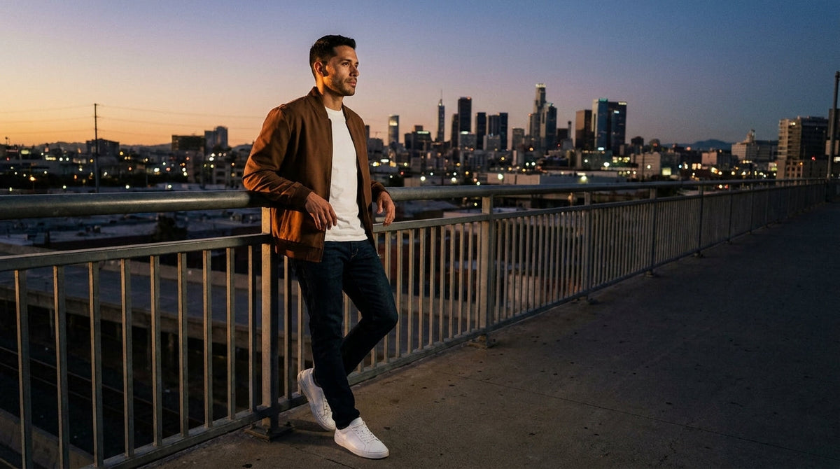 Man in a brown bomber jacket on a city footbridge at dusk