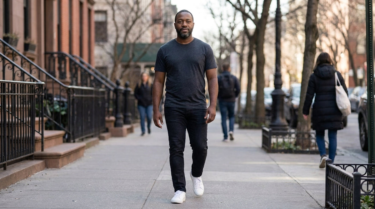 Man in a charcoal crew neck tee walking down a city sidewalk on a crisp morning