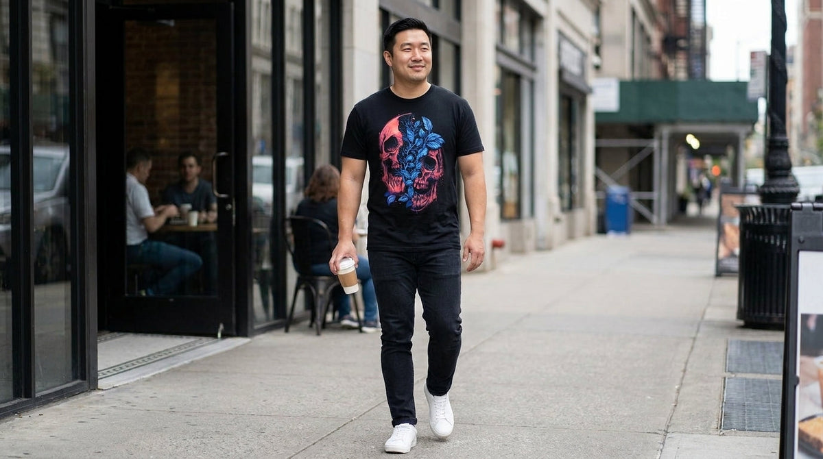 Man in the Split Nature graphic tee walking down a city street with a coffee