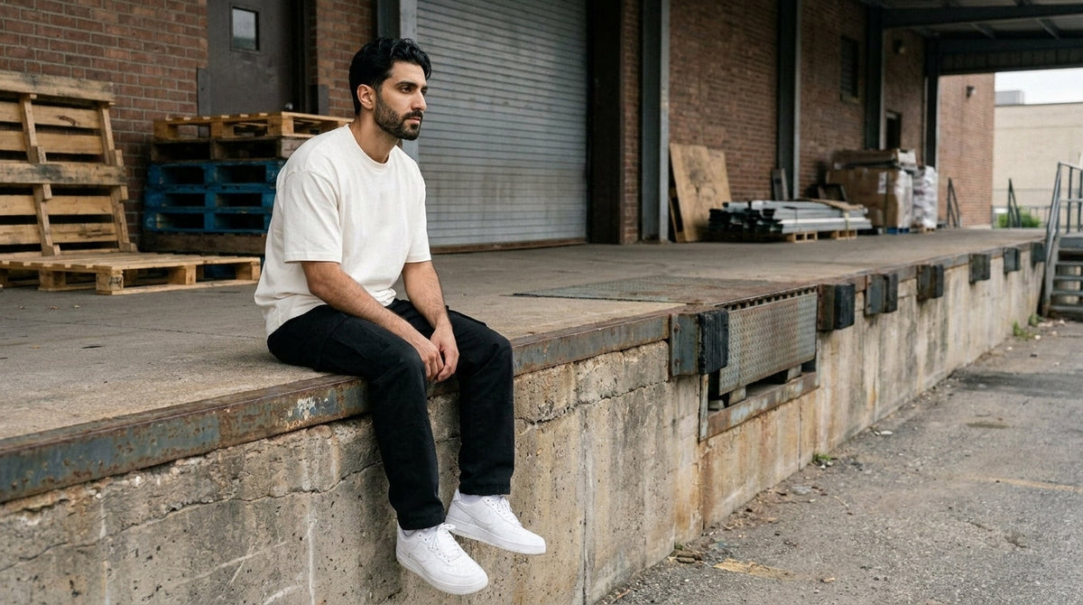 Man in a bone heavyweight tee sitting on a loading dock