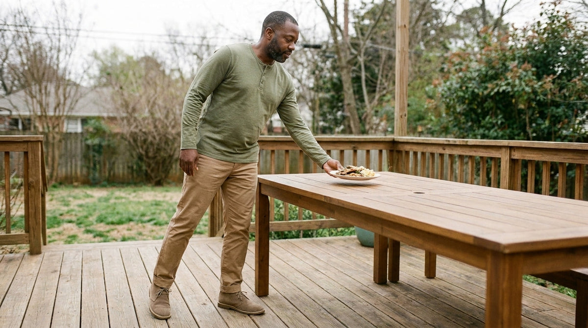 Man in an olive long sleeve henley on a sunny backyard deck