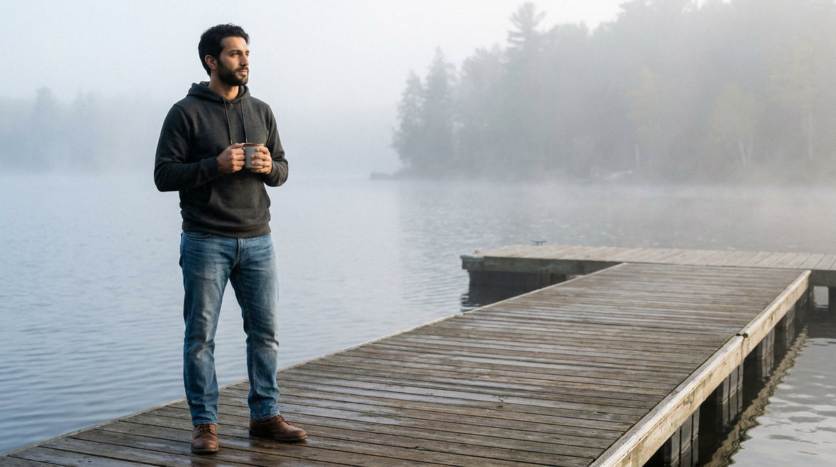 Man in a charcoal pullover hoodie on a lakeside dock on an autumn morning