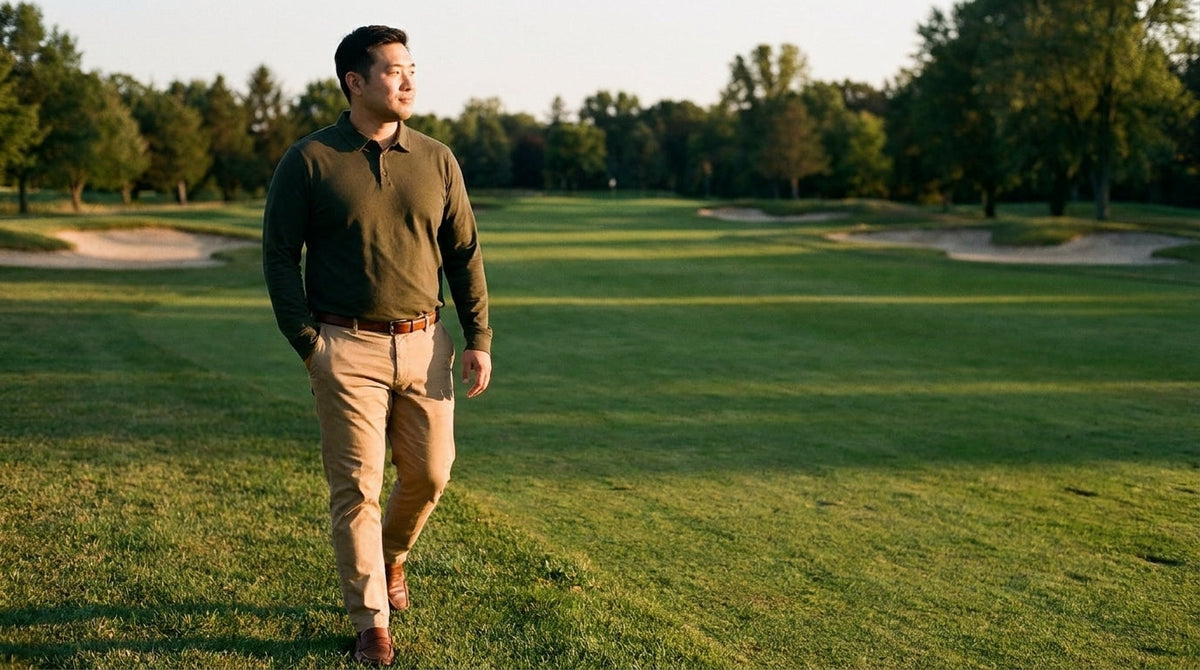 Man in a navy long sleeve polo and chinos walking a golf course at golden hour