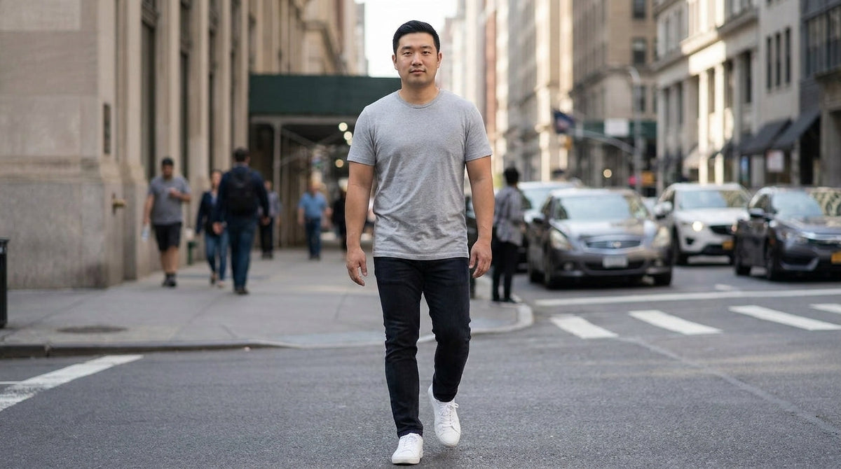Man in a grey crew neck tee walking down a city street