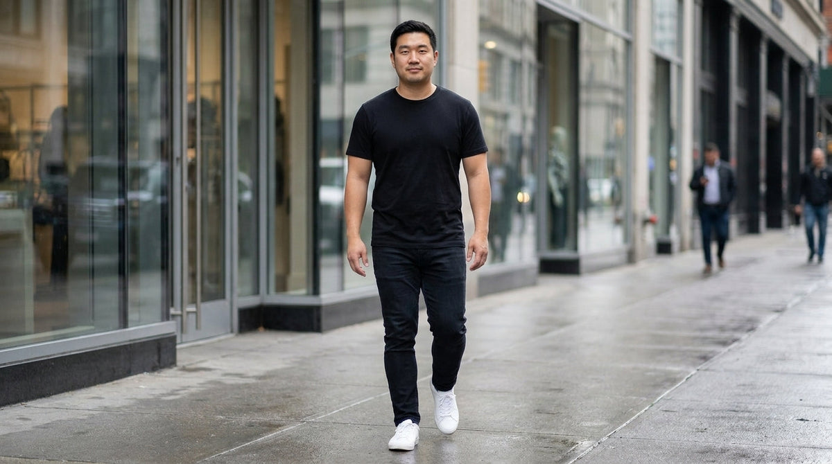 Man in a black crew neck tee walking past glass storefronts on a downtown sidewalk