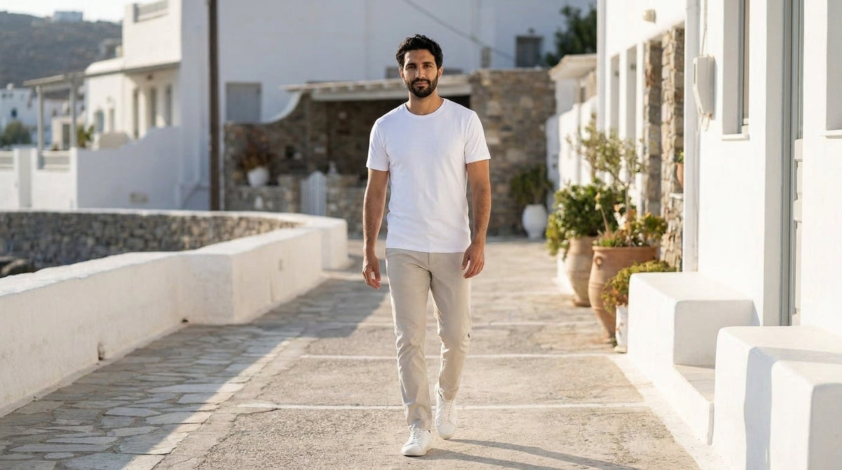 Man in a white crew neck tee and light chinos walking down a whitewashed coastal street