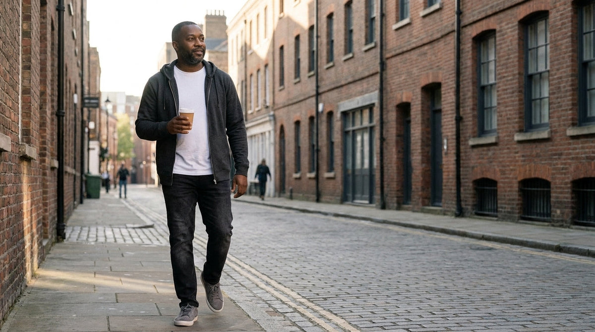 Man in a black zip-up hoodie over a white tee on an early-morning street
