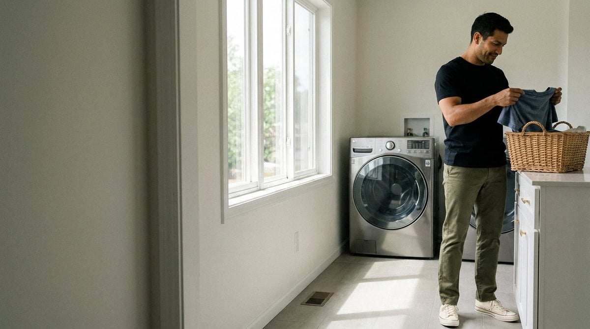 Man in a plain black tee checking a washed shirt's collar in a laundry room