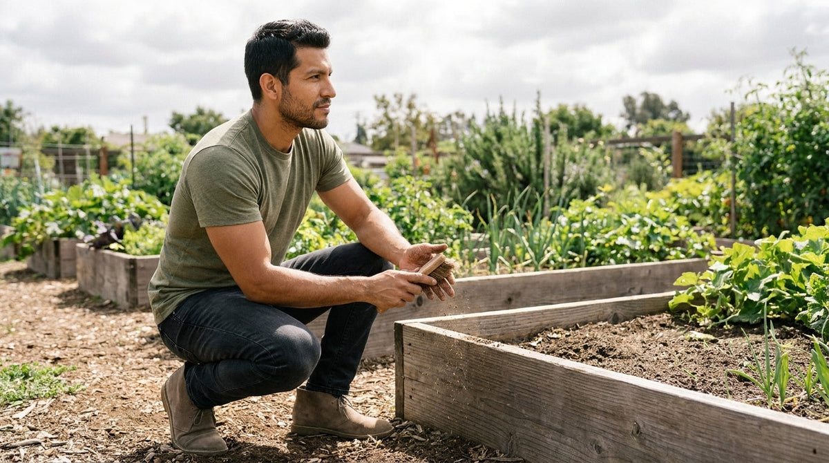 Man in a plain olive tee kneeling by a raised garden bed