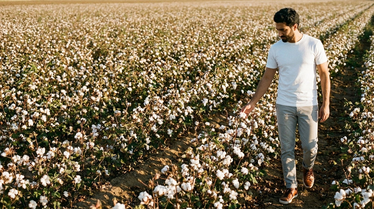 Man in a plain white tee walking through a cotton field at golden hour