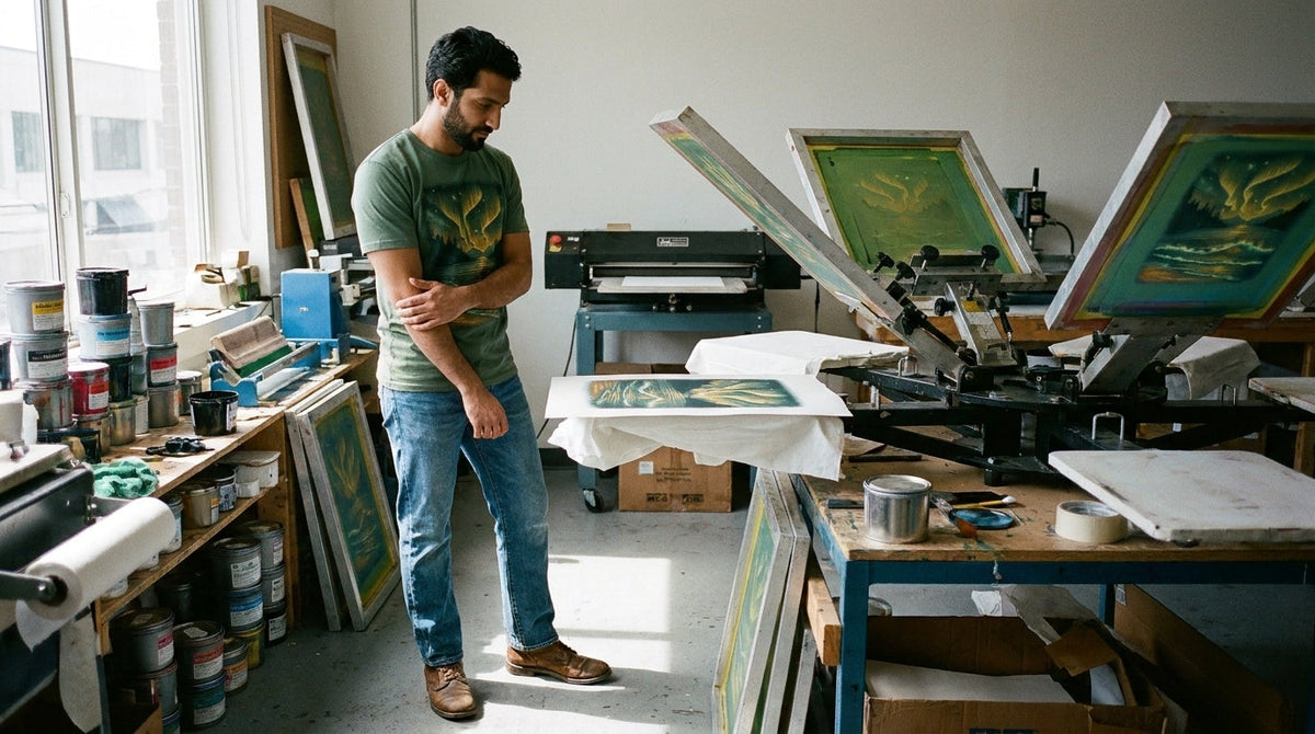 Man in an INTO THE AM graphic tee standing beside a screen-printing press