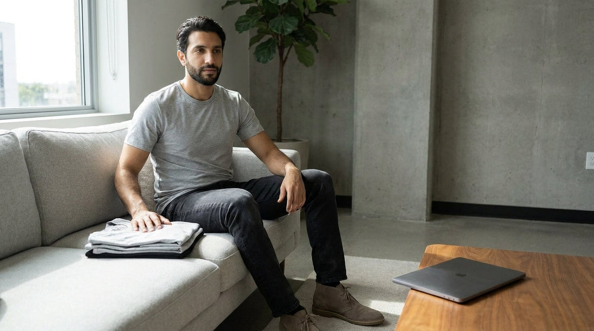 Man in a plain grey tee on a sofa beside a stack of folded shirts