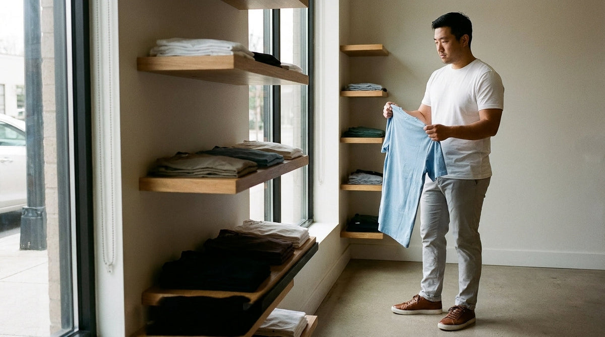 Man in a plain white tee feeling the fabric of a folded shirt