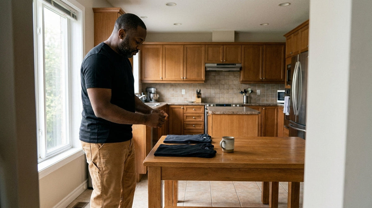 Man in a plain black tee comparing two folded shirts at a kitchen table