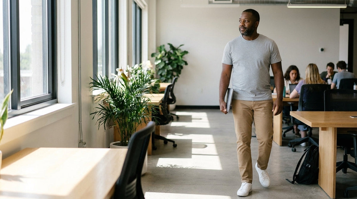 Man in a plain grey tee and chinos walking through a bright co-working space