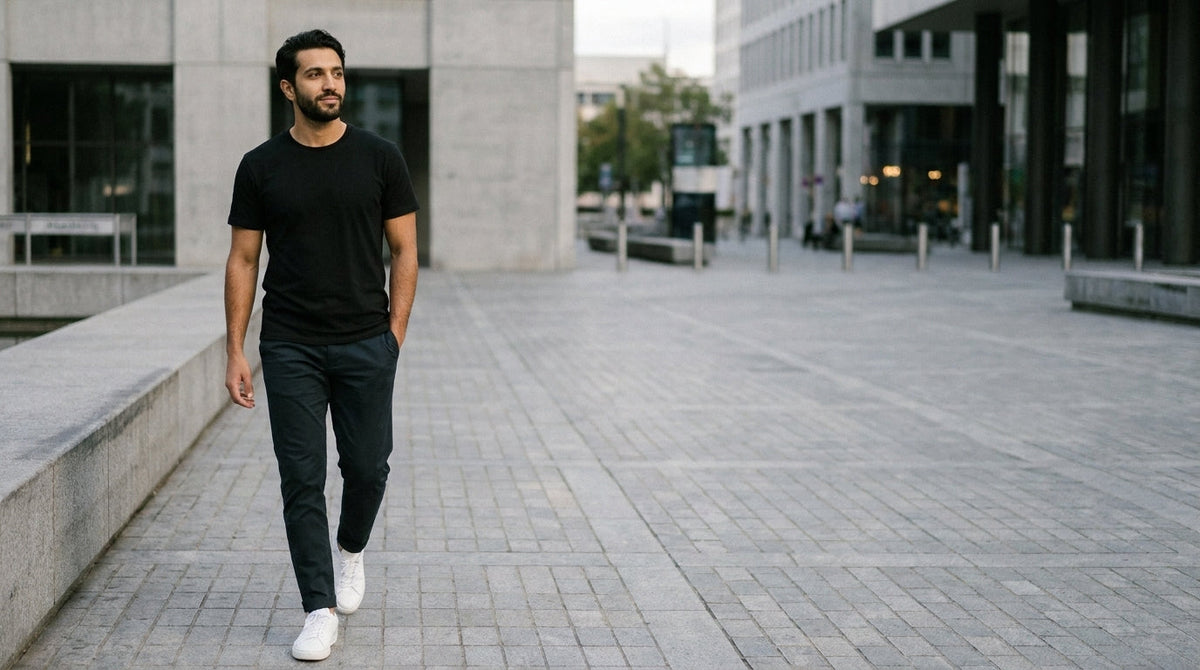 Man in a plain black tee and chinos walking across a city plaza
