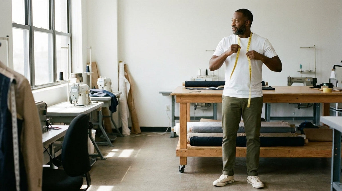 Man in a plain white tee measuring his chest with a tape