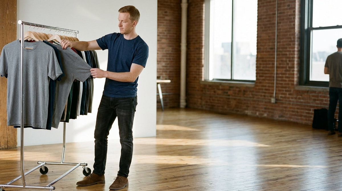 Man in a plain navy tee choosing a shirt from a clothes rail