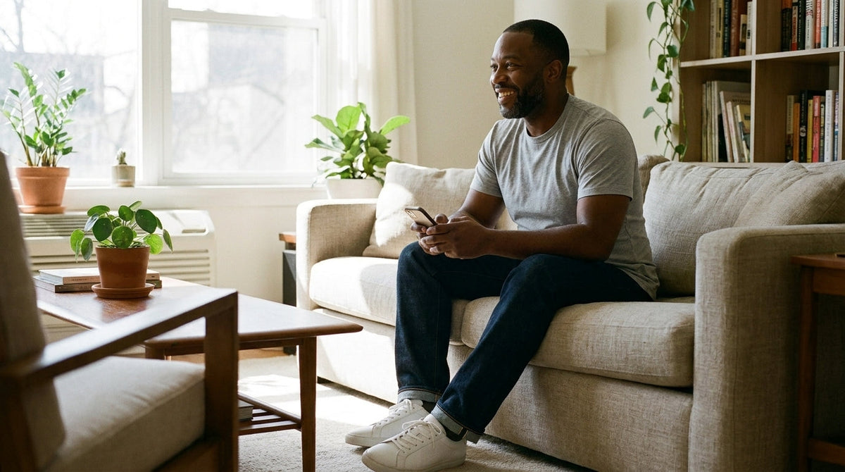Man in a plain grey tee relaxing on a sofa with his phone