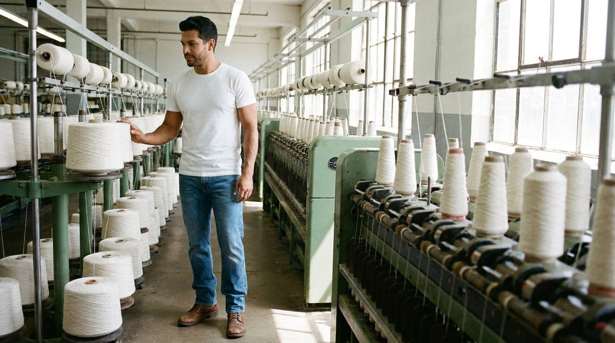 Man in a plain white tee looking at cotton yarn in a textile mill