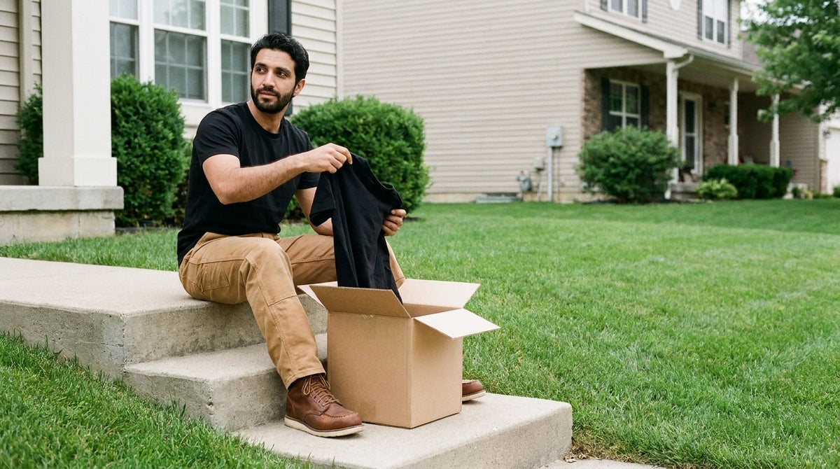 Man in a plain black tee unboxing a folded shirt on his front steps