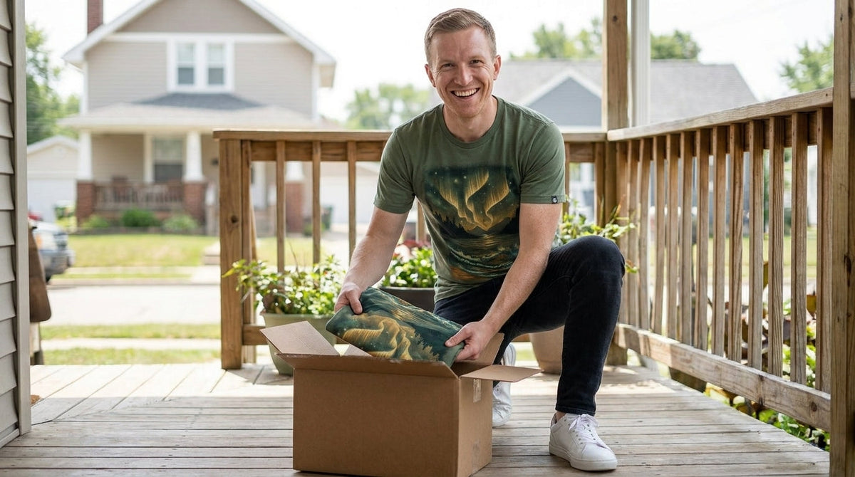 Man in the Aurora Lake graphic tee unpacking a new tee from a shipping box on his porch