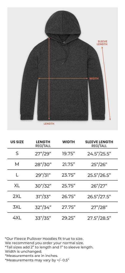 New Pullover Hoodie Size Chart
