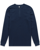 Long Sleeve Waffle Knit Henley-Navy-Mock--Model---M-Regular