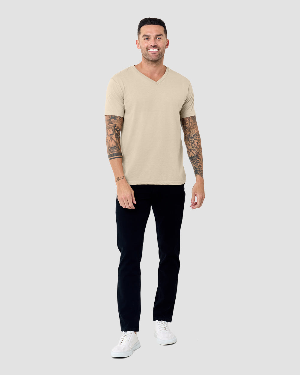 V-Neck Tee - Non-Branded-Cream-Reg-Regular-Full--Model---L