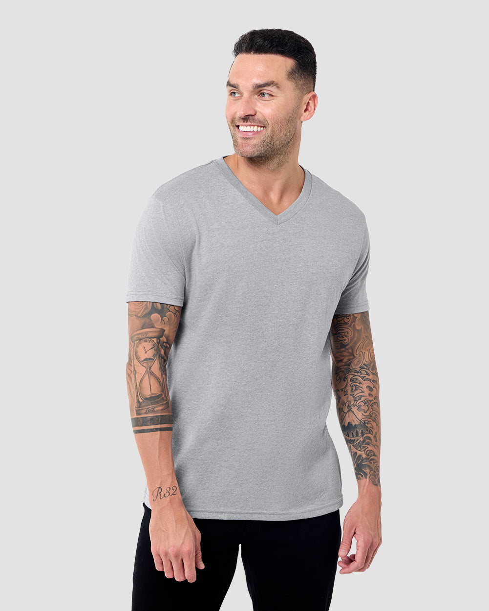 V-Neck Tee - Non-Branded-Grey-Reg-Regular-Front--Model---L
