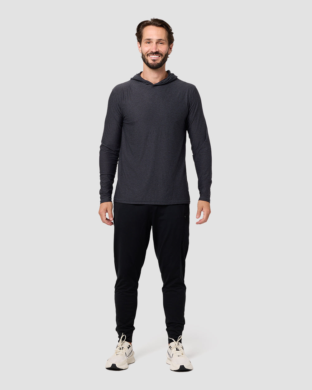 Long Sleeve Hooded Active Tee - Non-Branded-Charcoal-Regular-Full--Model---L