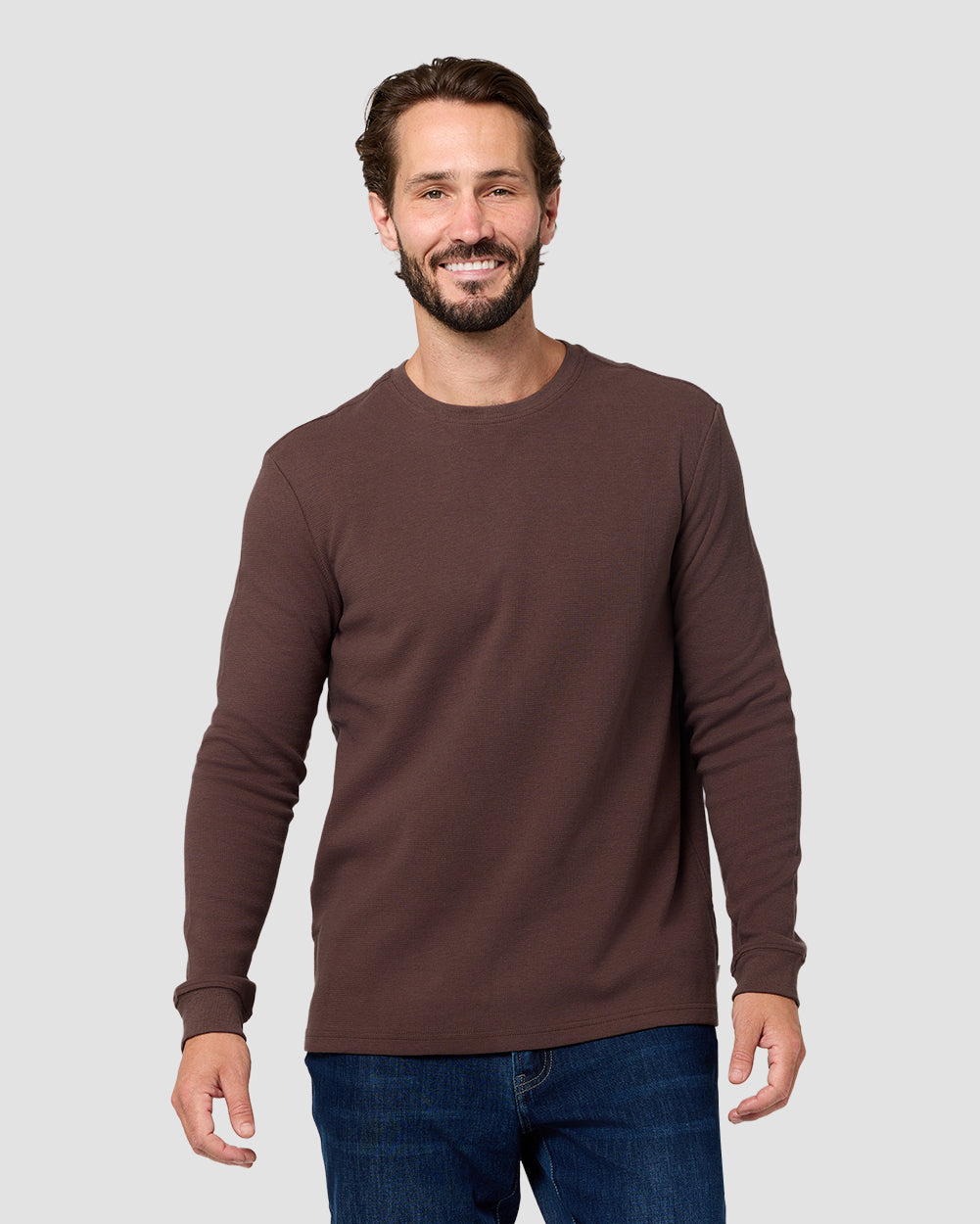 Long Sleeve Waffle Knit Crew - Non-Branded-Brown-Reg-Regular-Front--Model---L