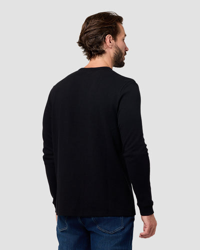 Long Sleeve Waffle Knit Henley-Black-Regular-Back--Model---L