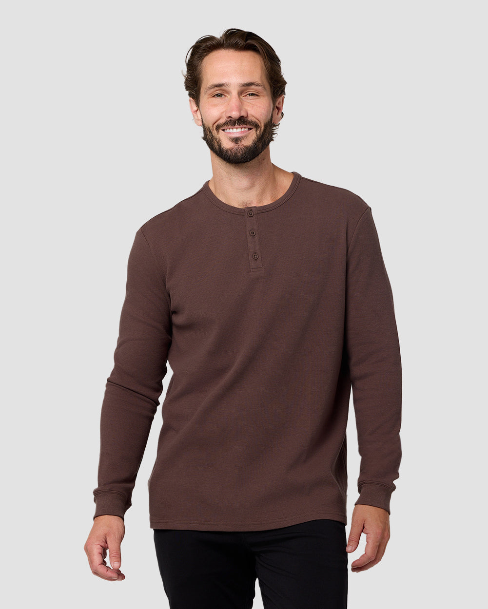 Long Sleeve Waffle Knit Henley-Brown-Regular-Front--Model---L