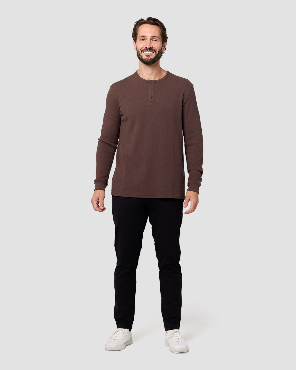 Long Sleeve Waffle Knit Henley-Brown-Regular-Full--Model---L