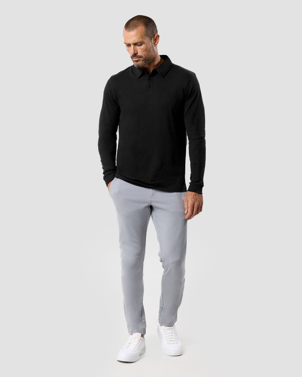 Long Sleeve Polo - Non-Branded-Black-Tall-Regular-Full--Model---L